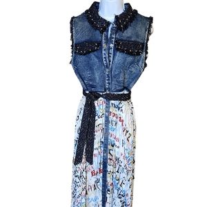 WHY studded denim, polyester,pleated, multicolored white & red dress.  UNIQUE